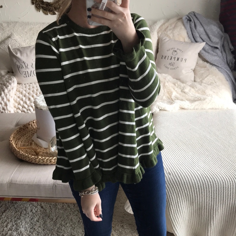 Striped ruffle hem and sleeve sweater